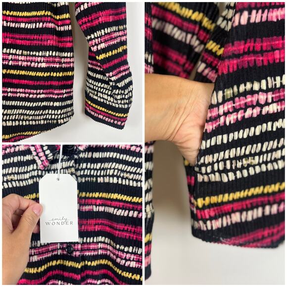 Emily Wonder Multicolor Ribbed Button up Shirt S Long Sleeve Collared Boho Retro - Picture 6 of 11